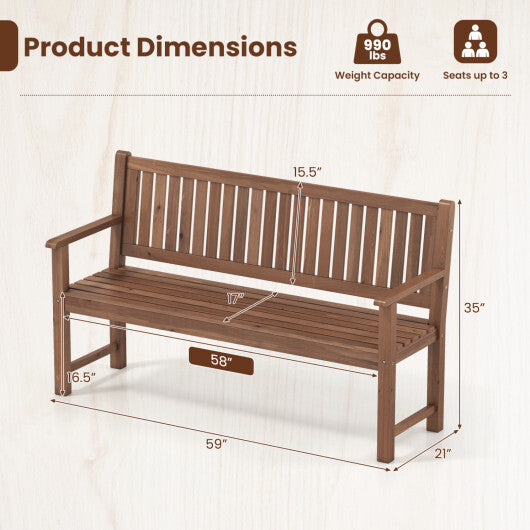 3-Seater Outdoor Wooden Bench 59 inch Large Garden Bench with Backrest-Brown - Color: Brown