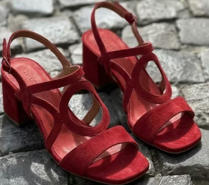 Color: Red, Size: 44 - Suede High-heeled Hollow-out Large-size Buckle-strap Womens Sandals