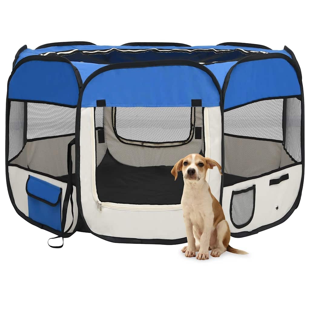 Blue foldable dog playpen with carrying bag from American Smart WB, 43.3x43.3x22.8 inches, ideal for pet containment and travel.
