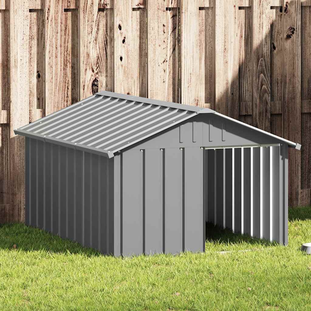 Gray galvanized steel dog house by American Smart, measures 45.9"x60.2"x32.1", suitable for outdoor dog shelter.