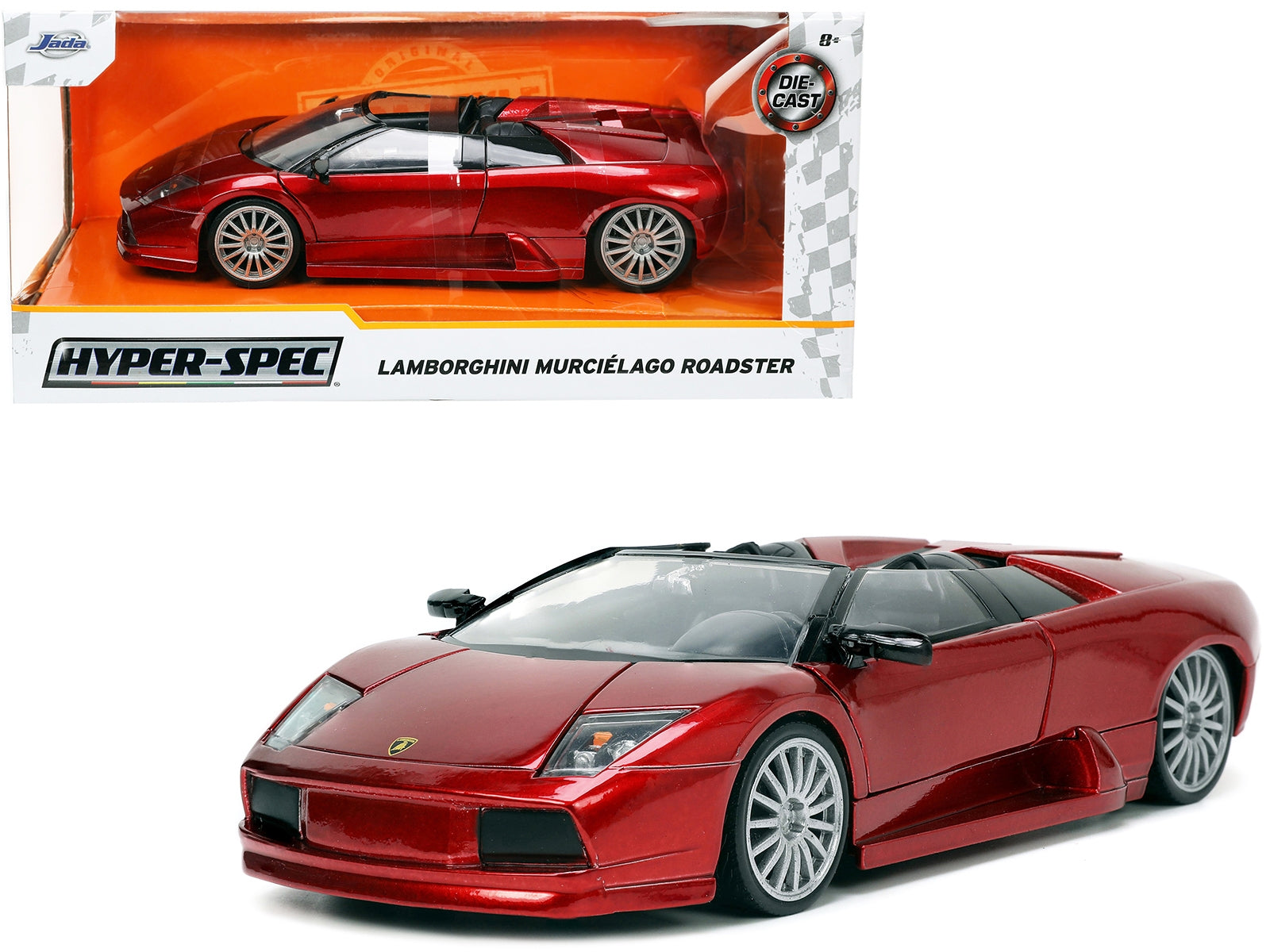 Red metallic Lamborghini Murcielago Roadster diecast model car in Jada's Hyper-Spec Series, detailed 1/24 scale Lamborghini model.