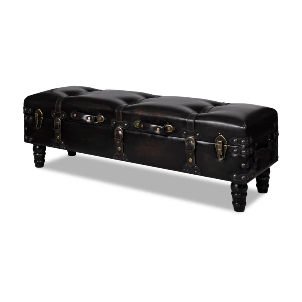 Dark brown storage bench made of solid wood with faux leather cushion, ideal for entryways and storage.