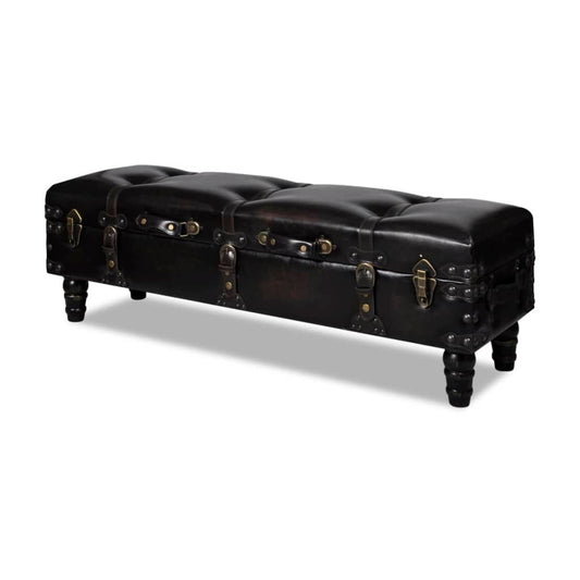 Dark brown storage bench made of solid wood with faux leather cushion, ideal for entryways and storage.