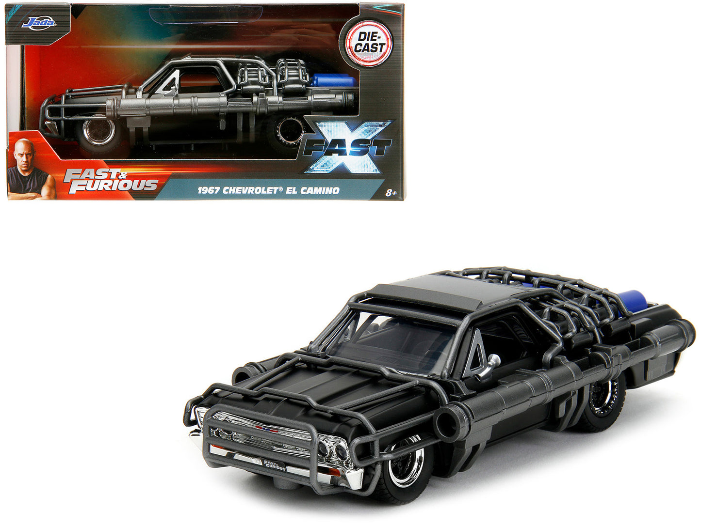 1967 Chevrolet El Camino diecast model car in matte black from Jada's Fast & Furious series, featuring cannons, 1/32 scale, detailed replica.