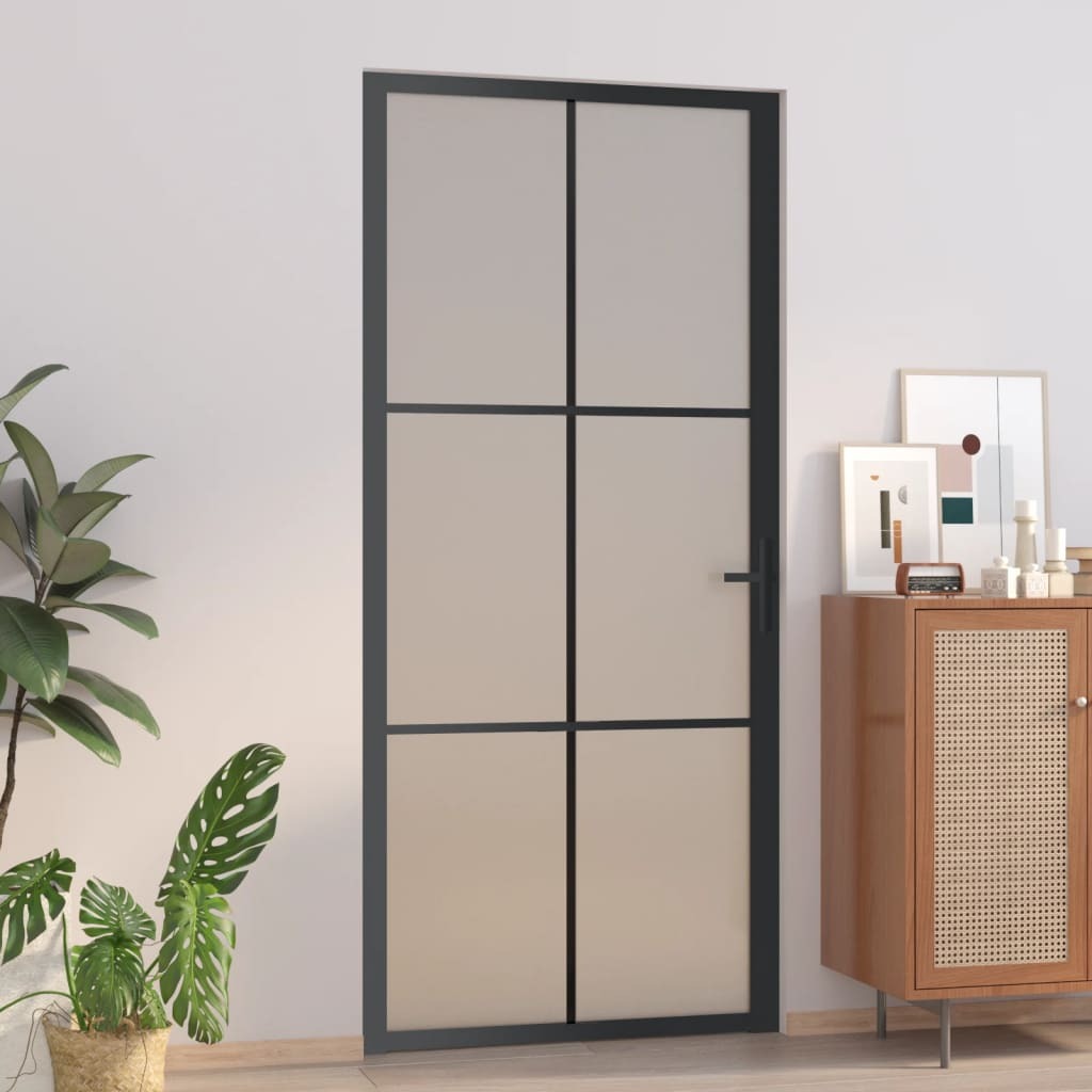 Black matte glass and aluminum interior door, 36.6x79.3 inches, by American Smart, with sleek modern design.
