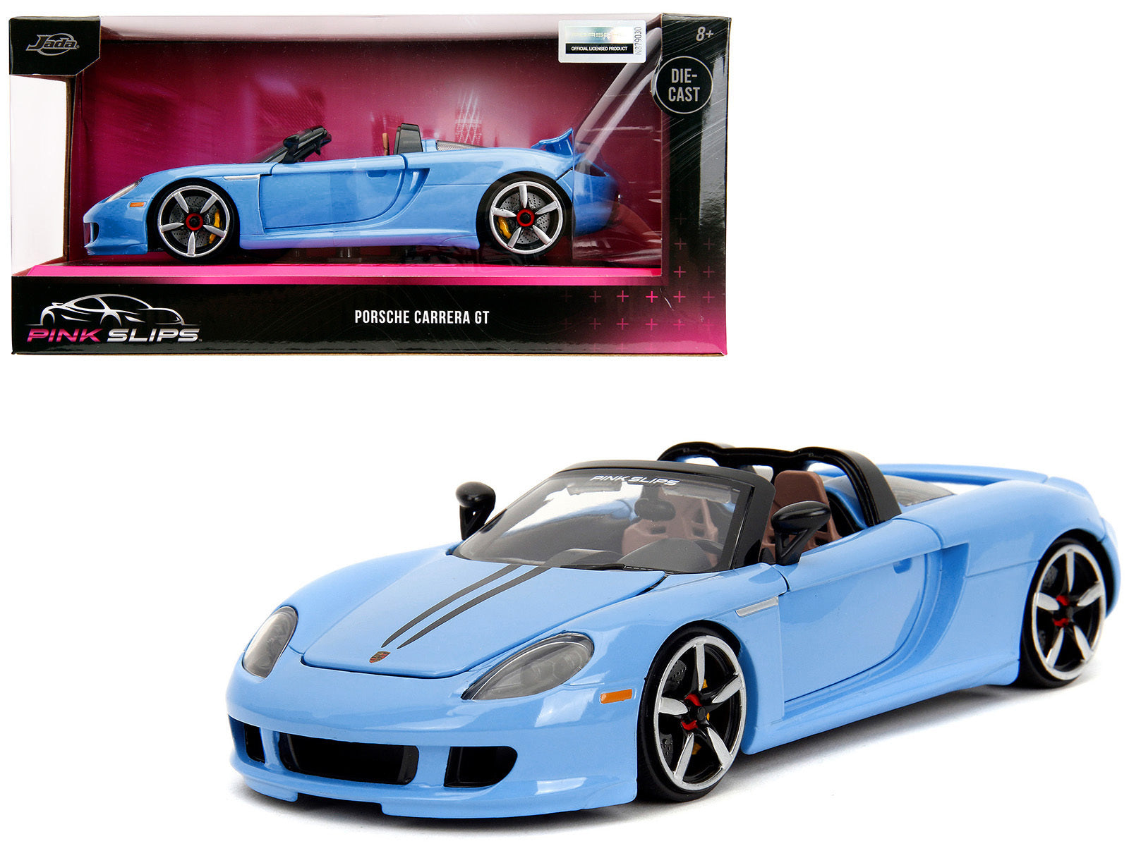 Blue Porsche Carrera GT convertible diecast model car with black stripes, part of Jada's Pink Slips Series, 1/24 scale.