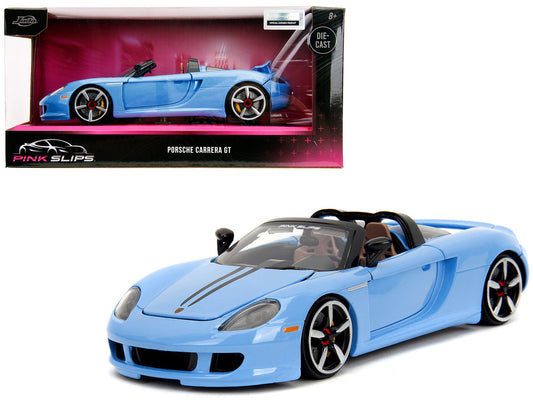 Blue Porsche Carrera GT convertible diecast model car with black stripes, part of Jada's Pink Slips Series, 1/24 scale.