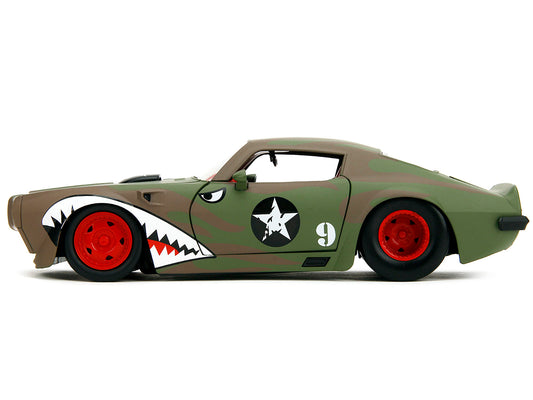 1972 Pontiac Firebird diecast model by Jada, green camouflage flames, red interior, detailed graphics, Bigtime Muscle Series 1/24 vehicle