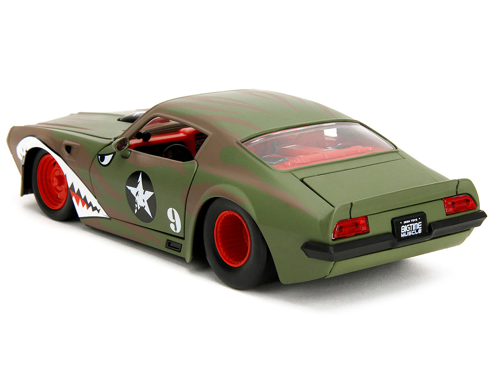 Green camouflage flames 1972 Pontiac Firebird diecast model by Jada, with red interior and detailed graphics, from Bigtime Muscle series.