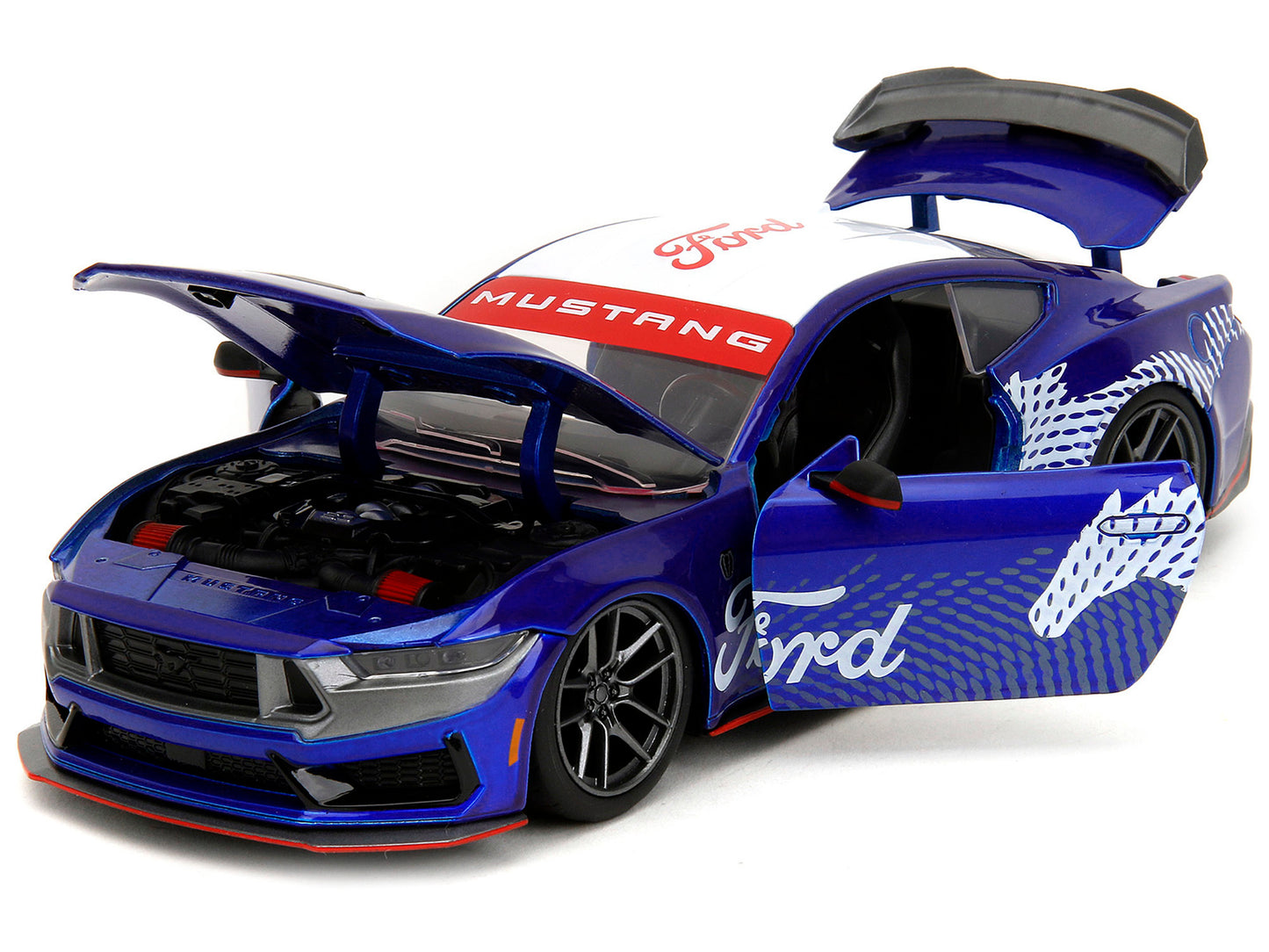 2024 Ford Mustang Dark Horse diecast model by Jada, candy blue with white top and Mustang horse graphics, 1/24 scale.