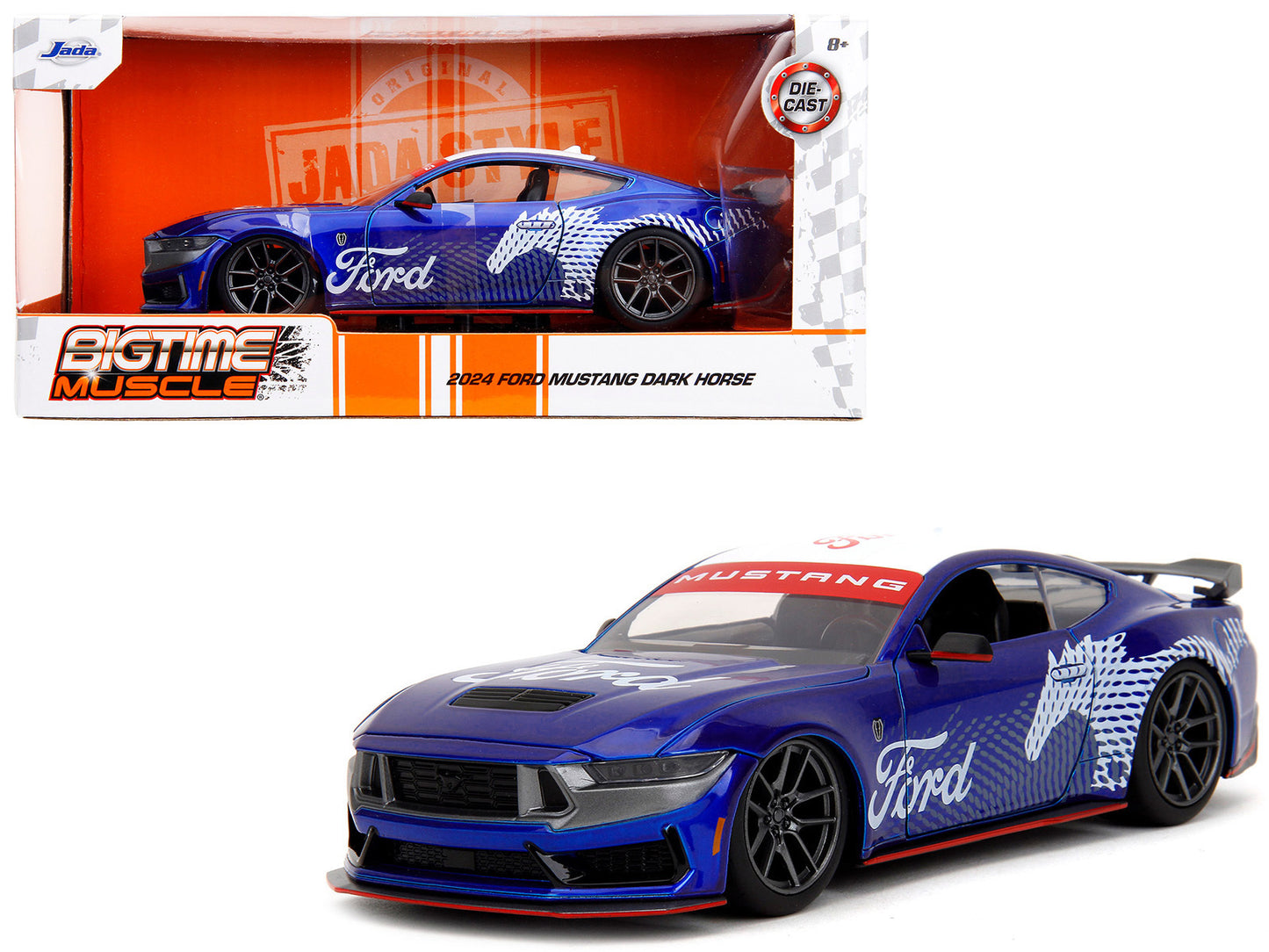 2024 Ford Mustang Dark Horse candy blue diecast model car by Jada, with white top and Mustang horse graphics, scaled 1/24.
