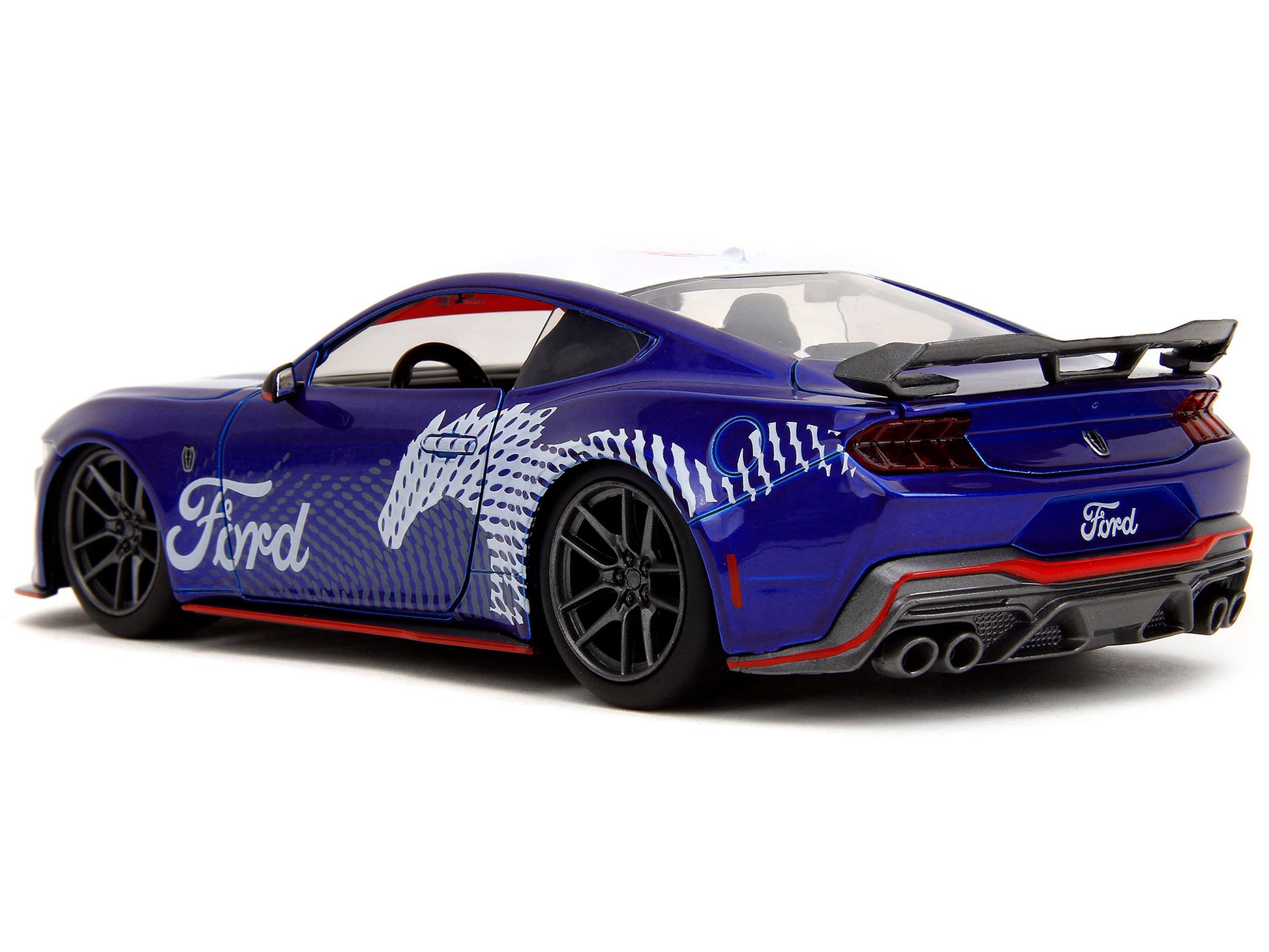 2024 Ford Mustang Dark Horse Candy Blue diecast model car by Jada, with white top and Mustang horse graphics, 1/24 scale.