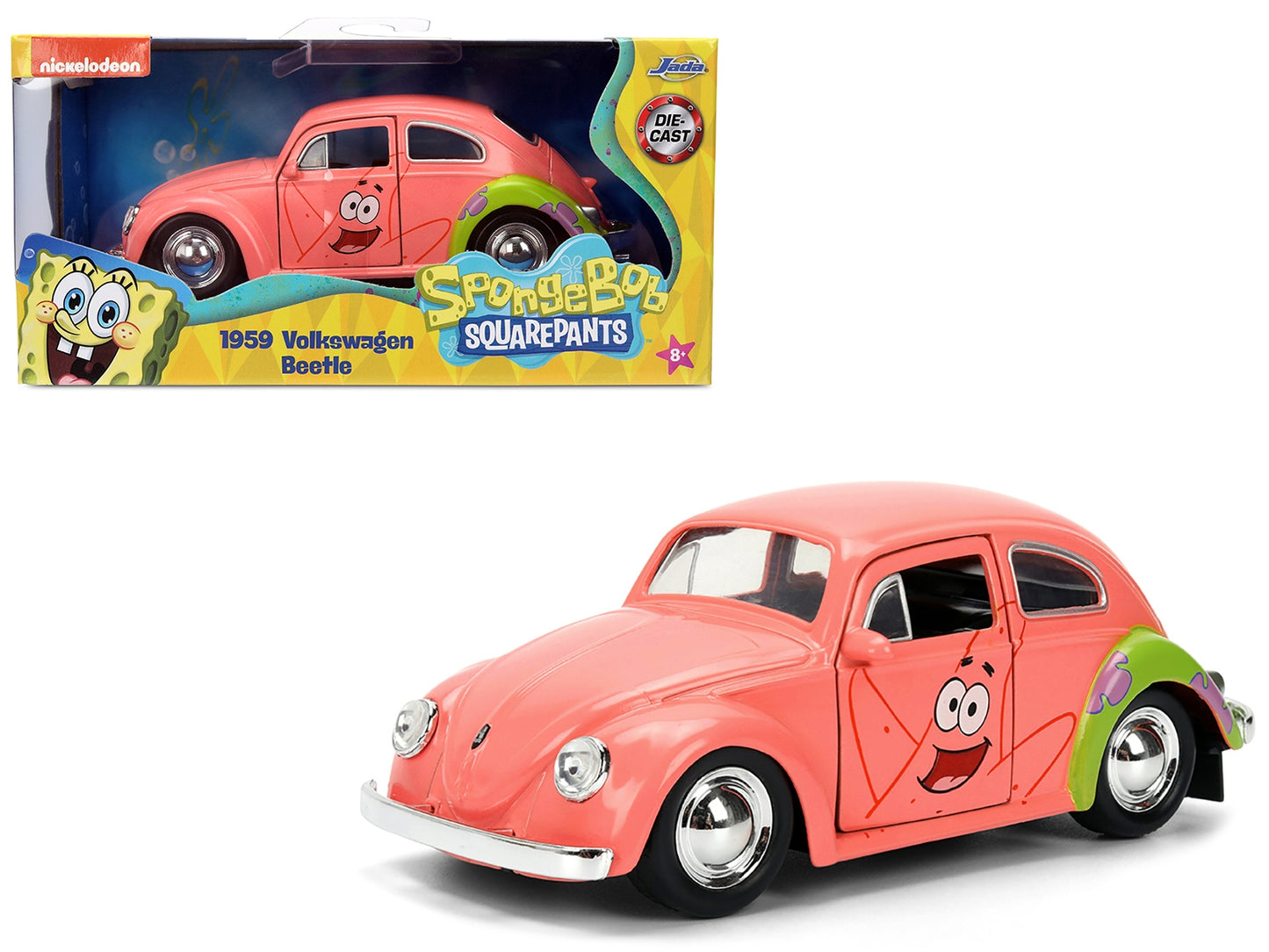Pink 1959 Volkswagen Beetle diecast model by Jada featuring Patrick Star livery from SpongeBob SquarePants TV series.