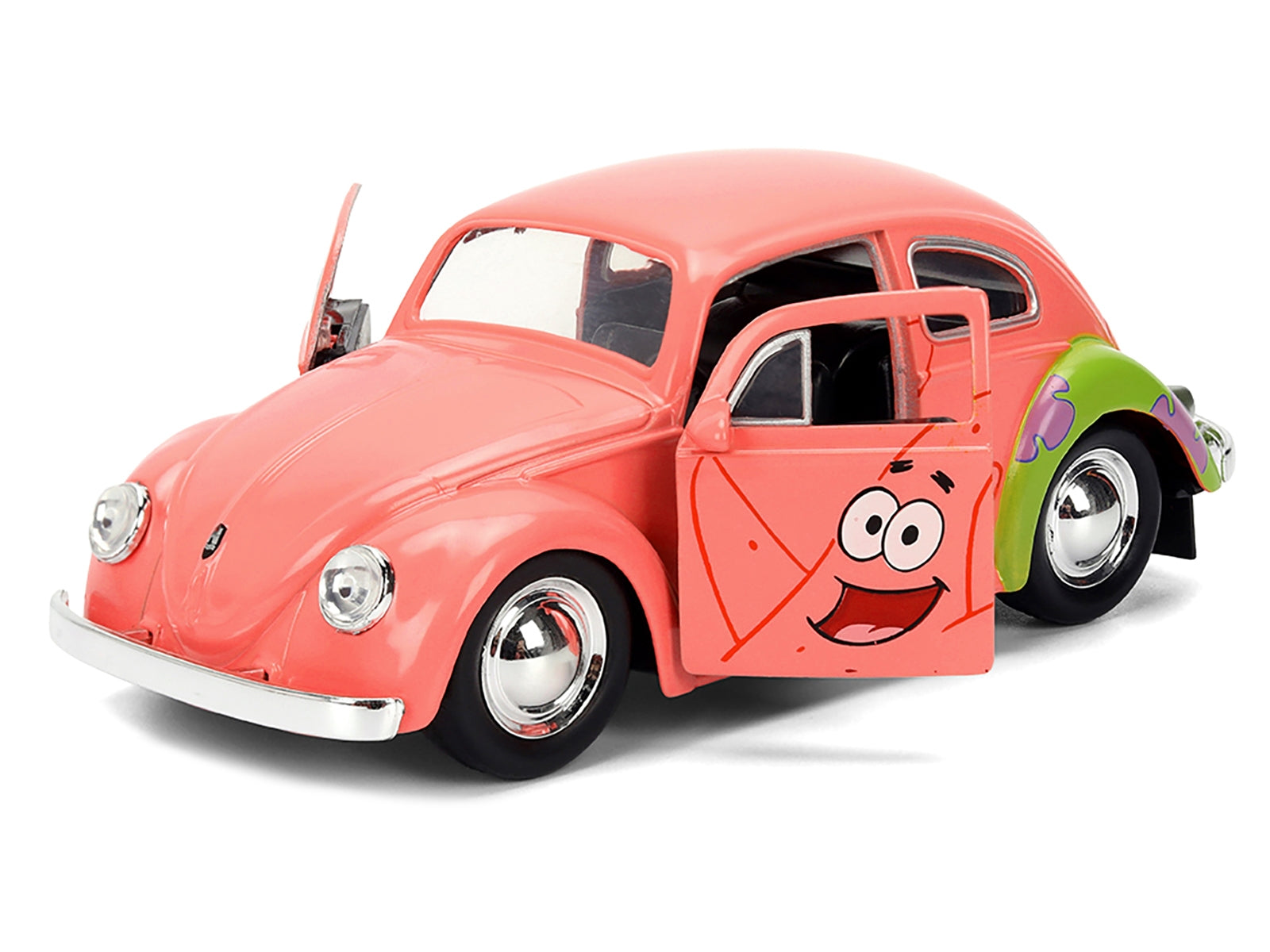 Pink 1959 Volkswagen Beetle diecast model by Jada featuring Patrick Star livery from SpongeBob SquarePants TV series.