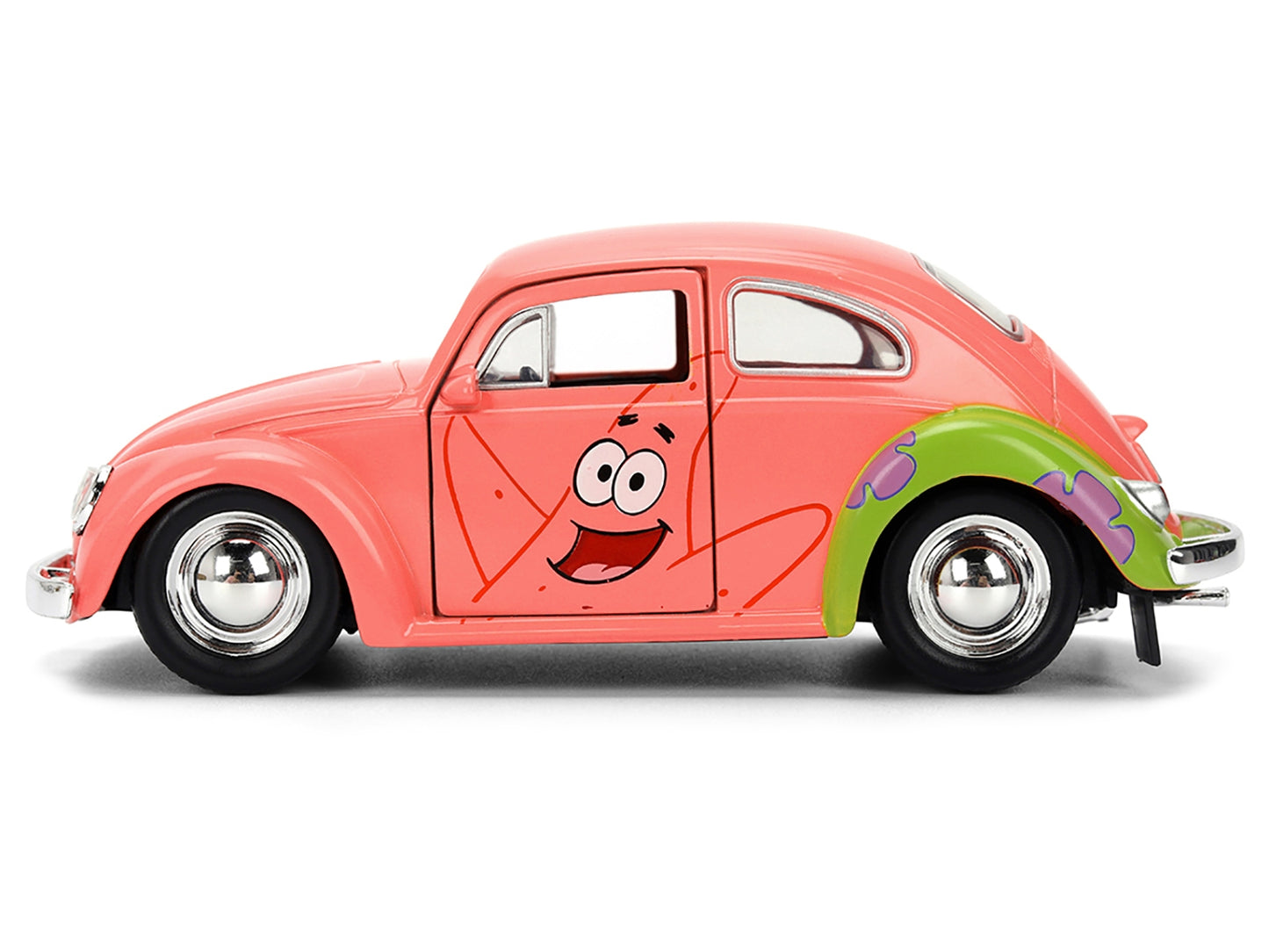 Pink 1959 Volkswagen Beetle diecast model car by Jada featuring Patrick Star livery from SpongeBob SquarePants TV series, Hollywood Rides.