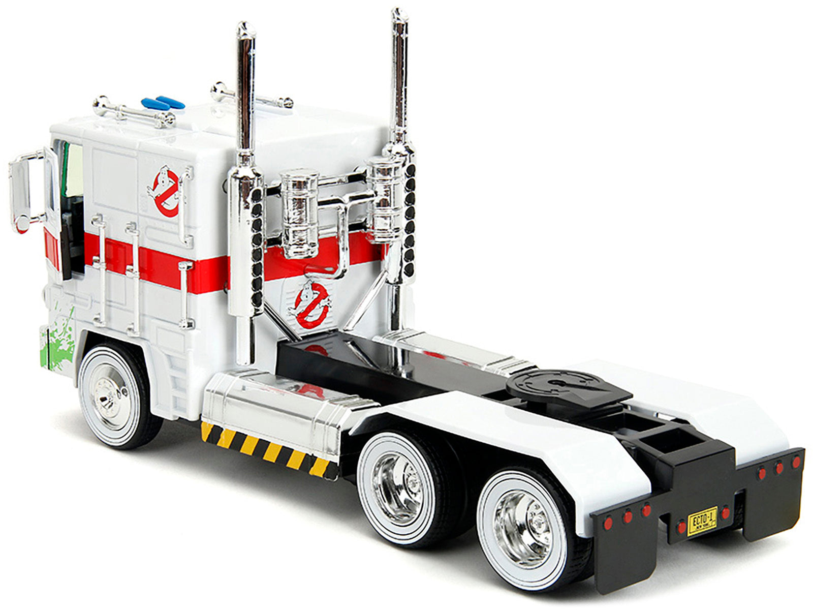 White G1 Autobot Optimus Prime truck diecast model by Jada from Transformers and Ghostbusters crossover series, detailed robot on chassis.