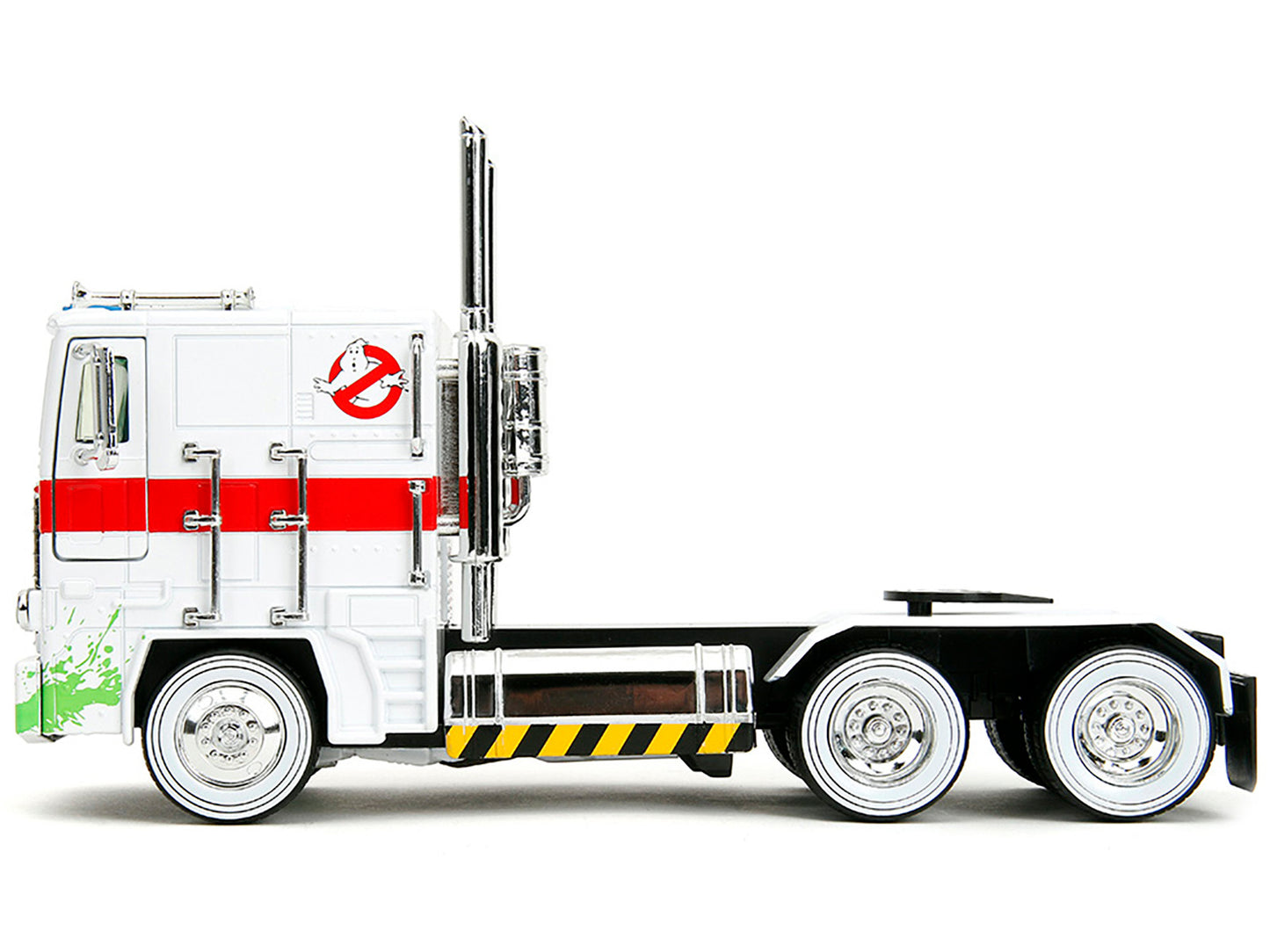 Jada G1 Autobot Optimus Prime truck diecast model from Transformers and Ghostbusters crossover series, white truck with robot figure.