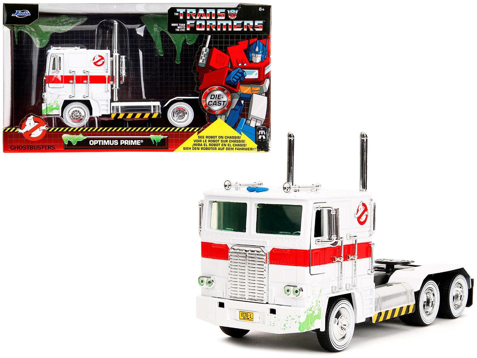 Jada G1 Autobot Optimus Prime truck diecast model with robot on chassis from Transformers and Ghostbusters crossover series.