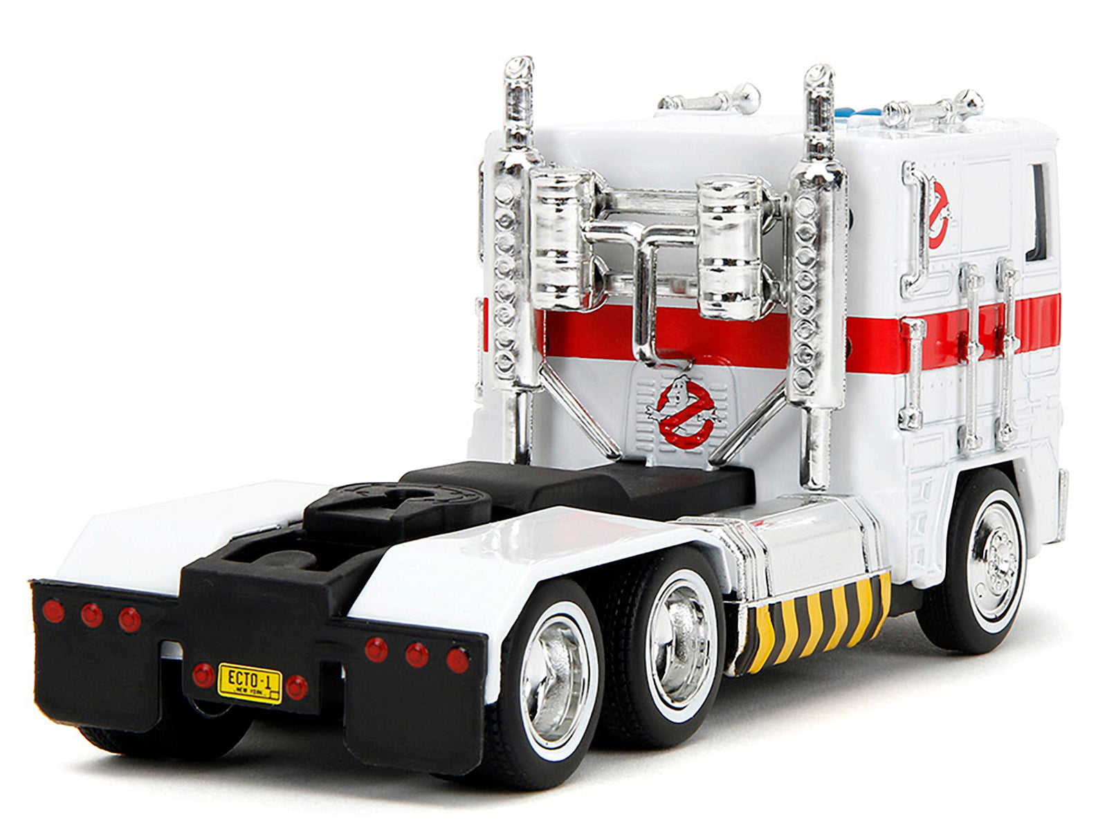 Jada G1 Autobot Optimus Prime truck diecast model with robot on chassis from Transformers and Ghostbusters crossover series.