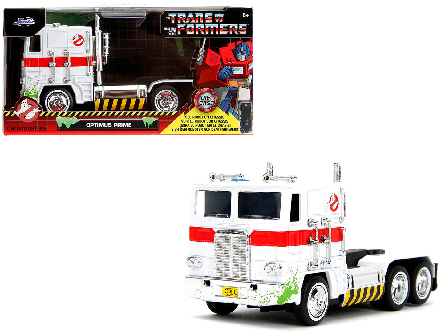 White G1 Autobot Optimus Prime truck diecast model from Transformers and Ghostbusters crossover series by Jada, featuring robot on chassis.