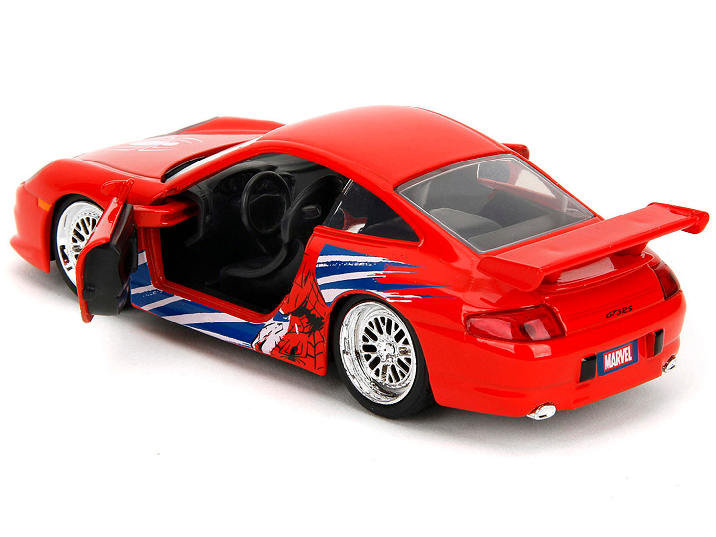 Red Porsche 911 GT3 RS (996) diecast model car with Marvel's Spider-Man graphics by Jada, detailed 1/32 scale Porsche model.