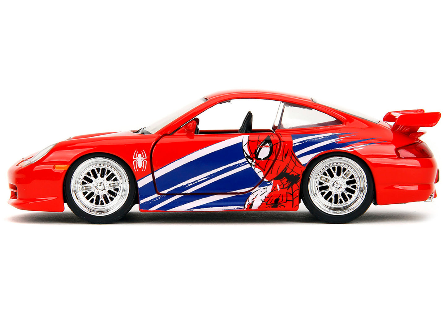 Red Porsche 911 GT3 RS (996) diecast model car by Jada with Marvel's Spider-Man graphics, detailed 1/32 scale Porsche model.