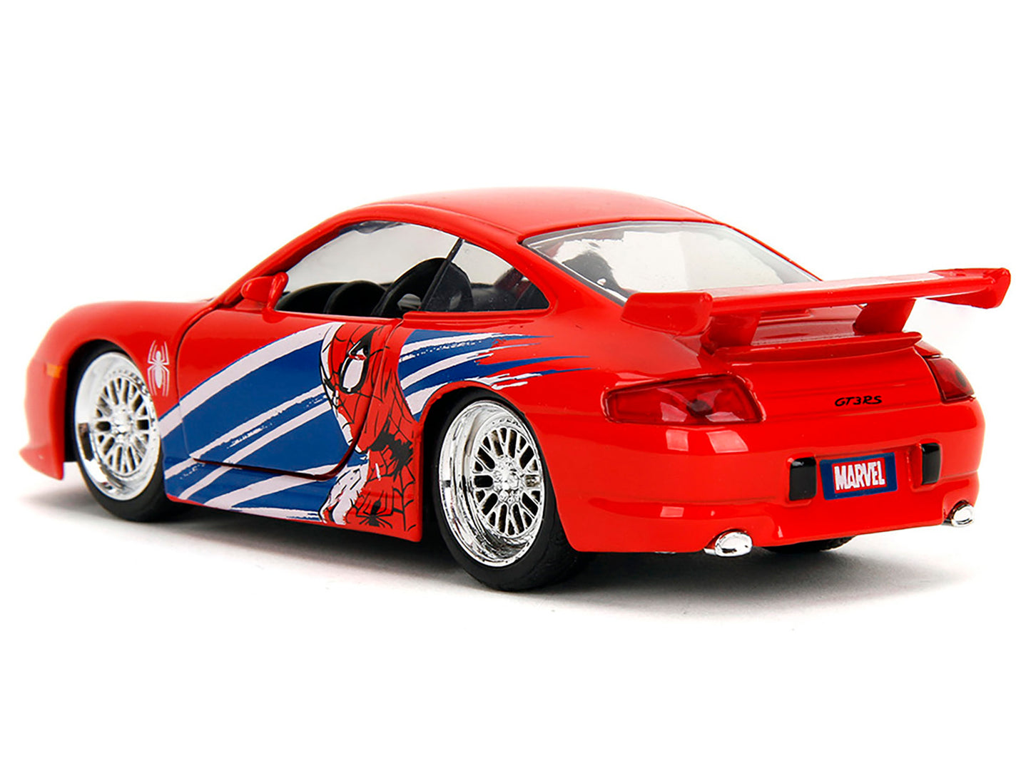 Red Porsche 911 GT3 RS 996 diecast model car with Marvel's Spider-Man graphics by Jada, detailed 1/32 scale Porsche model.