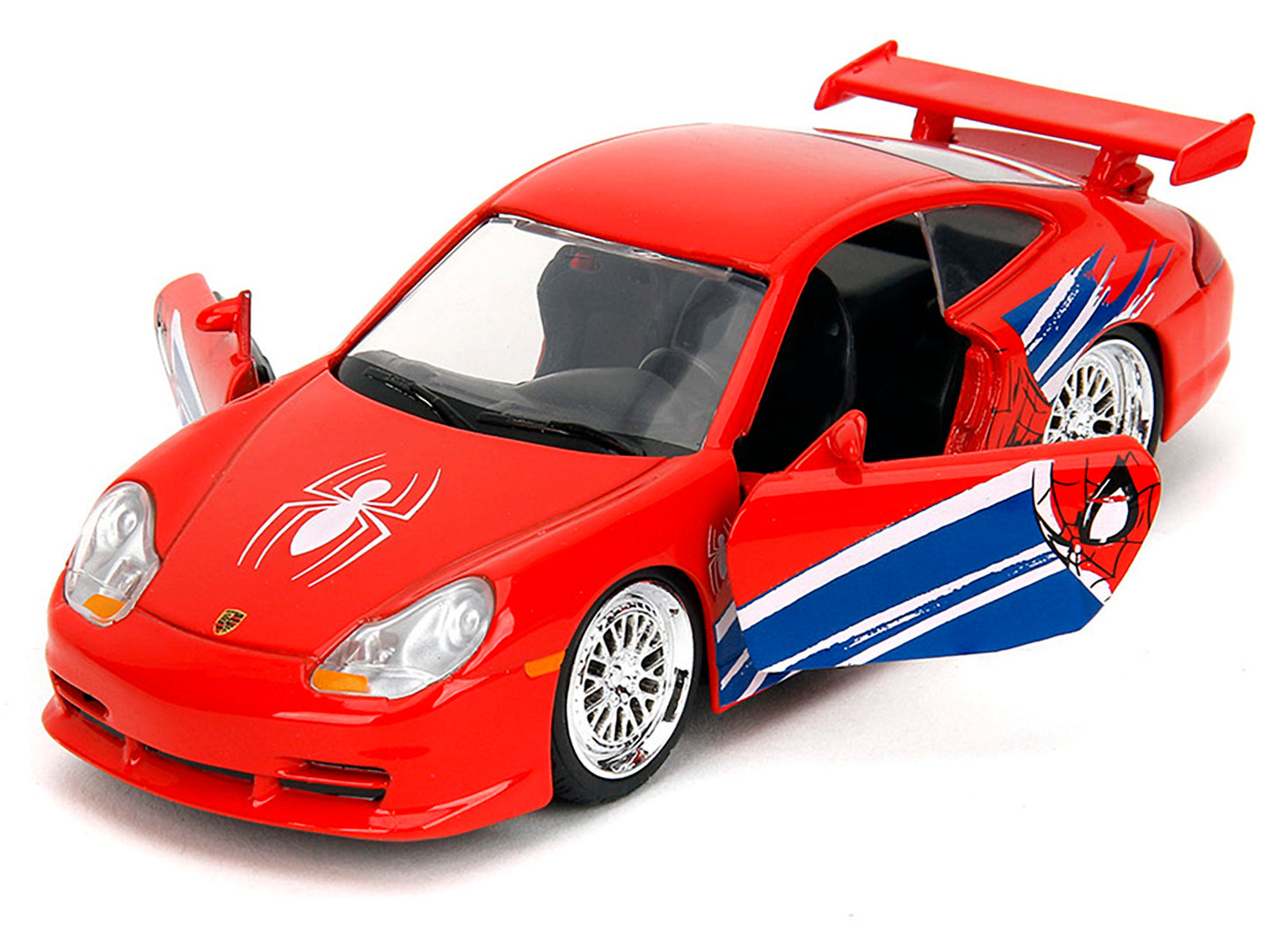 Red Porsche 911 GT3 RS (996) diecast model car with Spider-Man graphics by Jada, detailed 1/32 scale Porsche model.