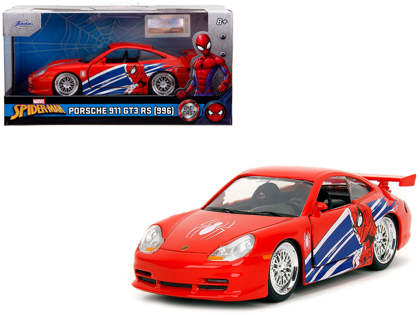 Red Porsche 911 GT3 RS 996 diecast model car by Jada with Marvel's Spider-Man graphics, detailed 1/32 scale Porsche models.
