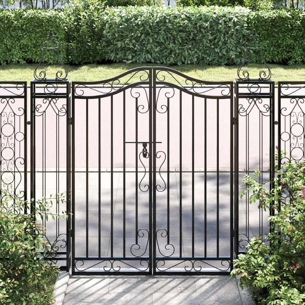 Black wrought iron garden gate with decorative design, measuring 47.6x3.1x47.2 inches, from American Smart.