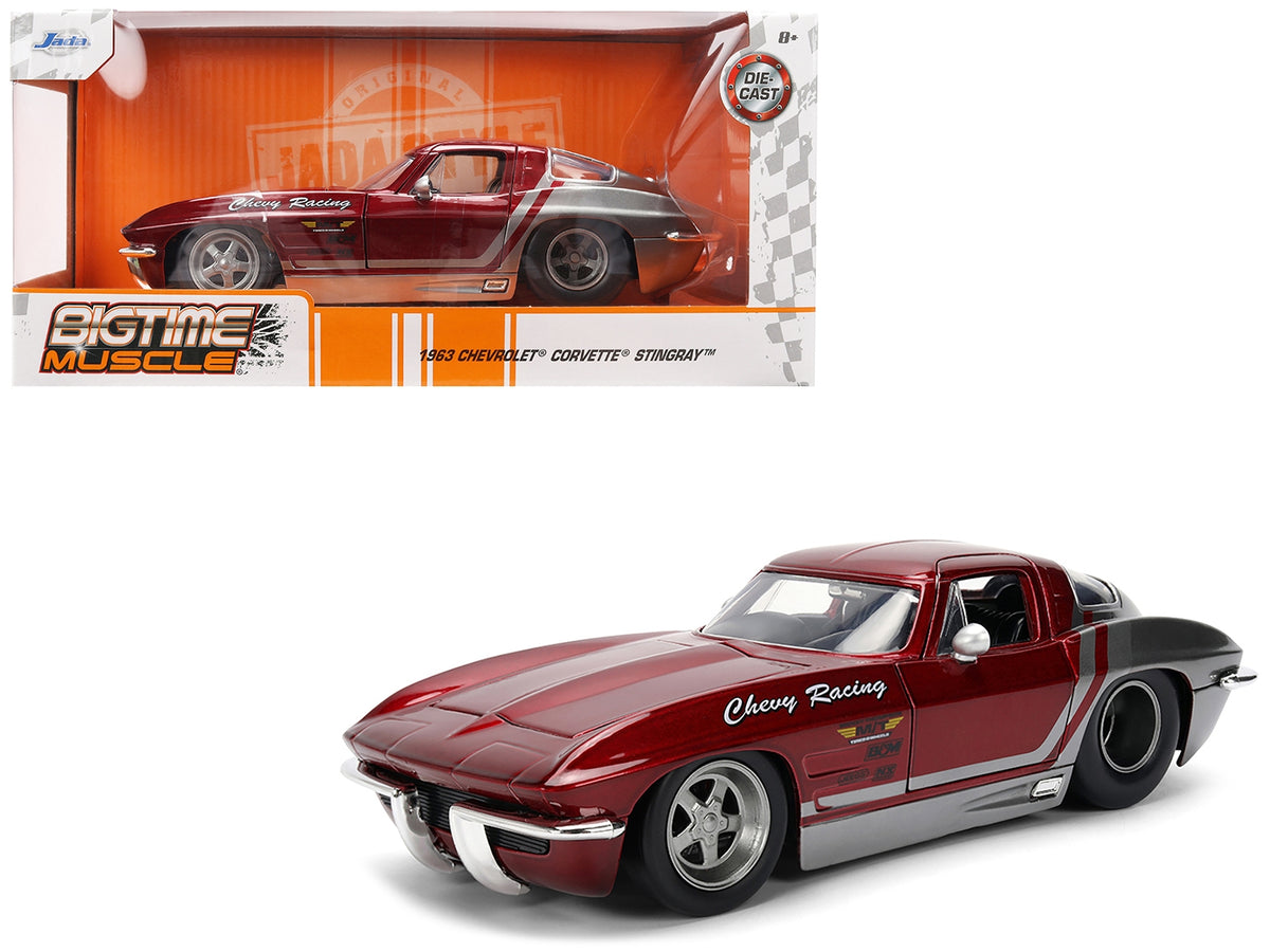 Red metallic and gray 1/24 diecast Chevrolet Corvette Stingray model car by Jada from the Bigtime Muscle series.
