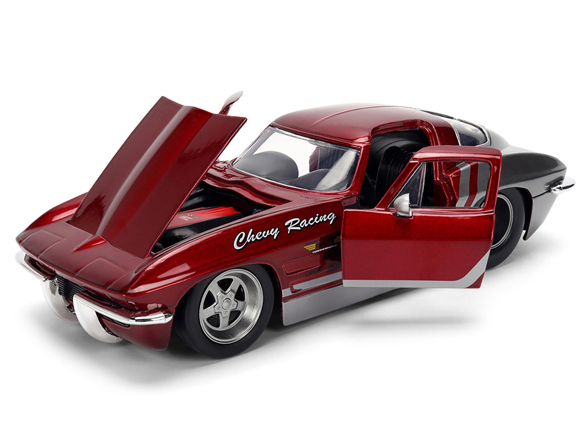 Red and gray 1/24 diecast Chevrolet Corvette Stingray "Chevy Racing" model car by Jada from Bigtime Muscle Series.