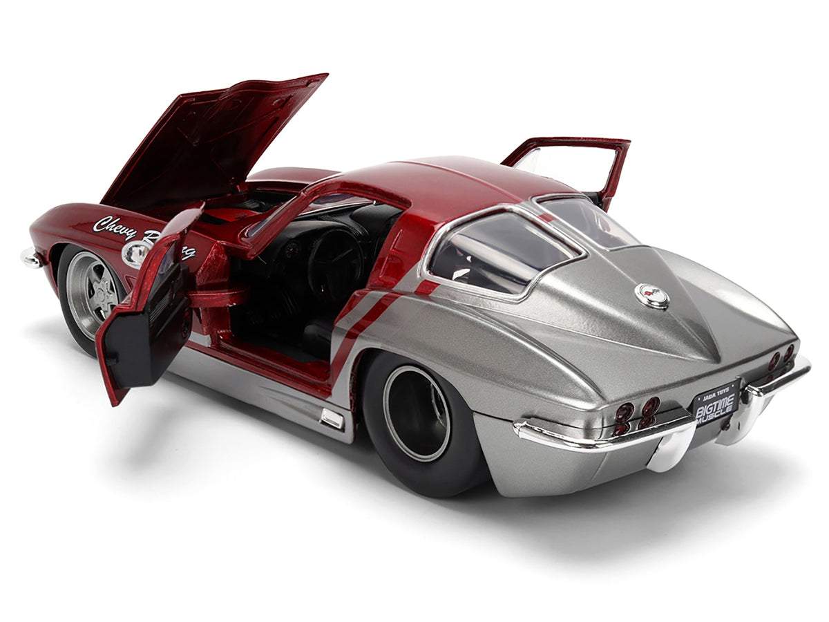 Red and gray 1/24 diecast Chevrolet Corvette Stingray model car by Jada from the Bigtime Muscle series.