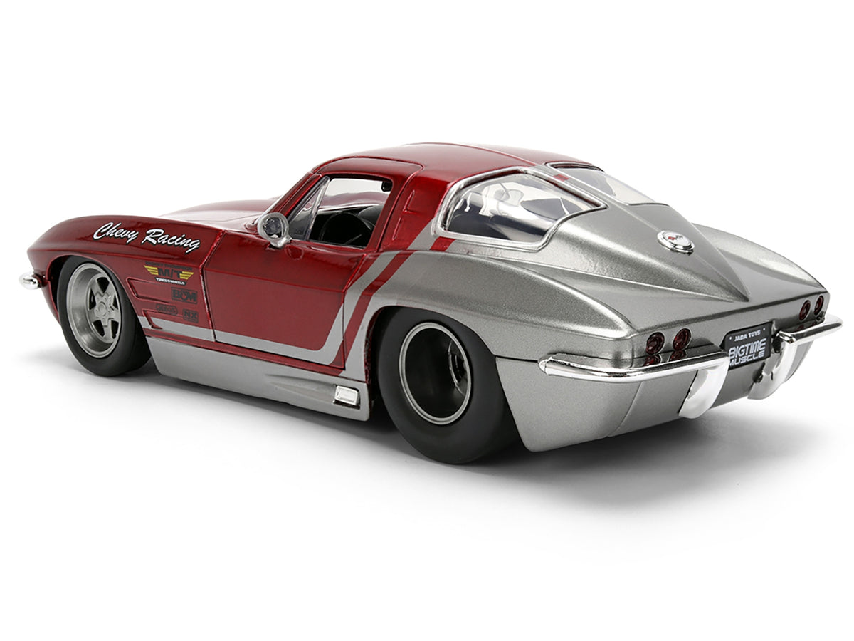 Red and gray 1/24 diecast Chevrolet Corvette Stingray model car from Jada's Bigtime Muscle series, detailed replica of 1963 Corvette.