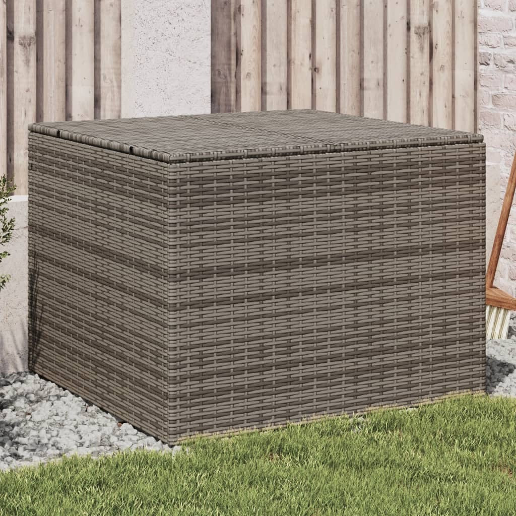 Gray American Smart outdoor garden storage box with 76.9-gallon capacity, made of durable poly rattan for outdoor organization.