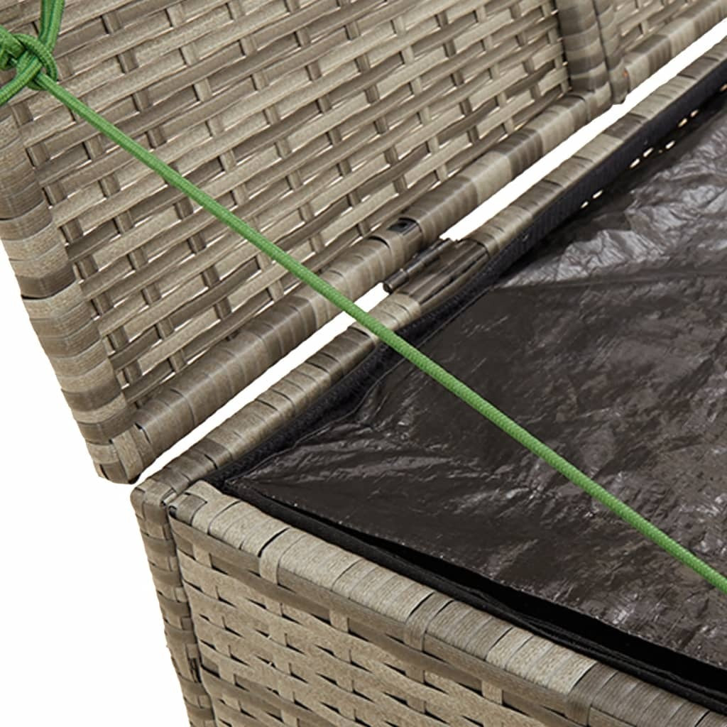 Gray outdoor garden storage box by American Smart, 76.9-gallon capacity, made of durable poly rattan for outdoor organization.