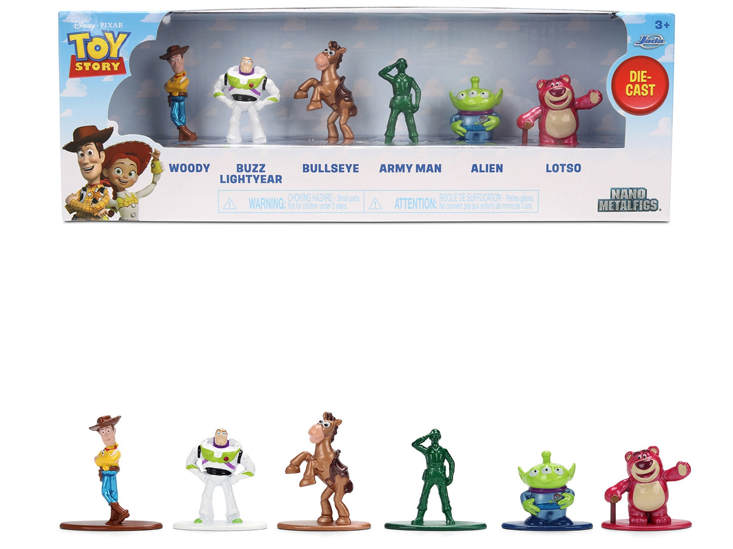 Set of 6 Toy Story Nano Metalfigs diecast figures from Jada, featuring characters from the Toy Story movie franchise.