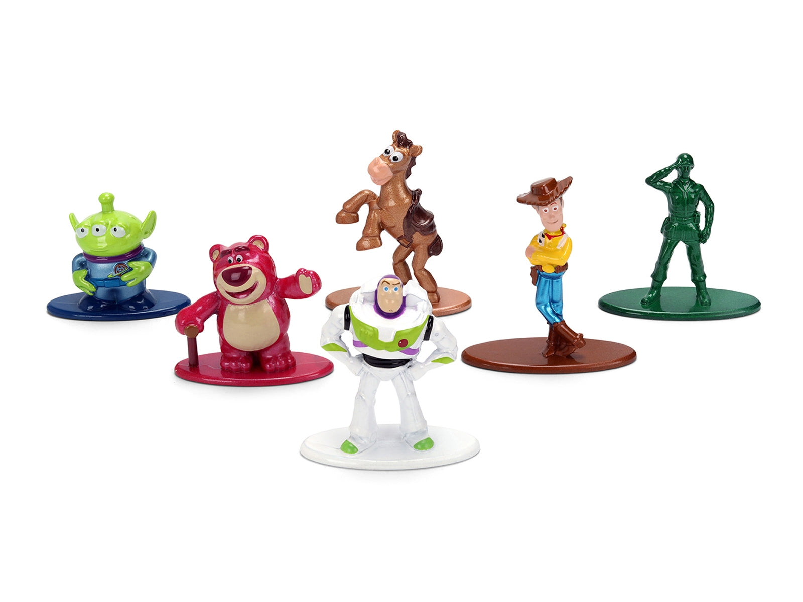 Set of 6 Jada Nano Metalfigs Toy Story diecast figures from the movie franchise, featuring characters in detailed miniature models.