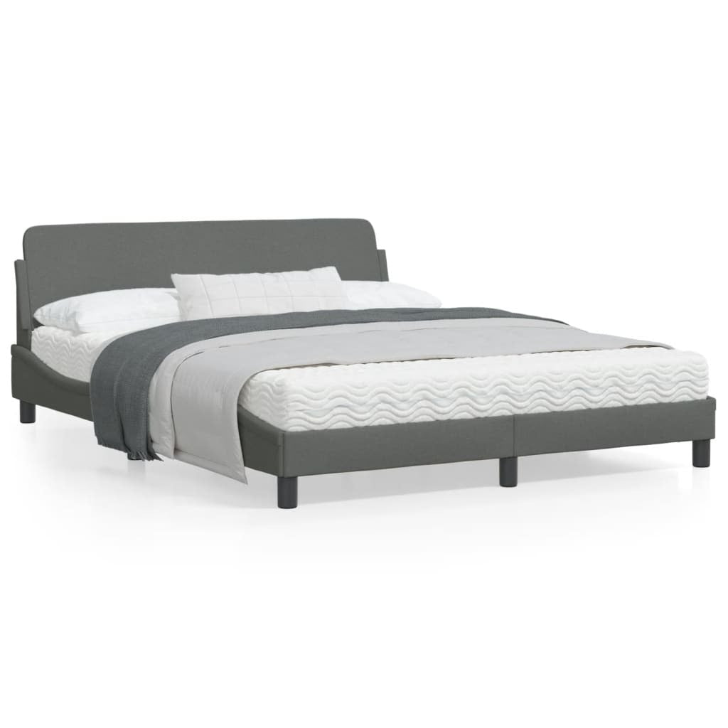 Bed Frame Dark Gray Polyester Fabric, Metal, Solid Pine Wood, Plywood