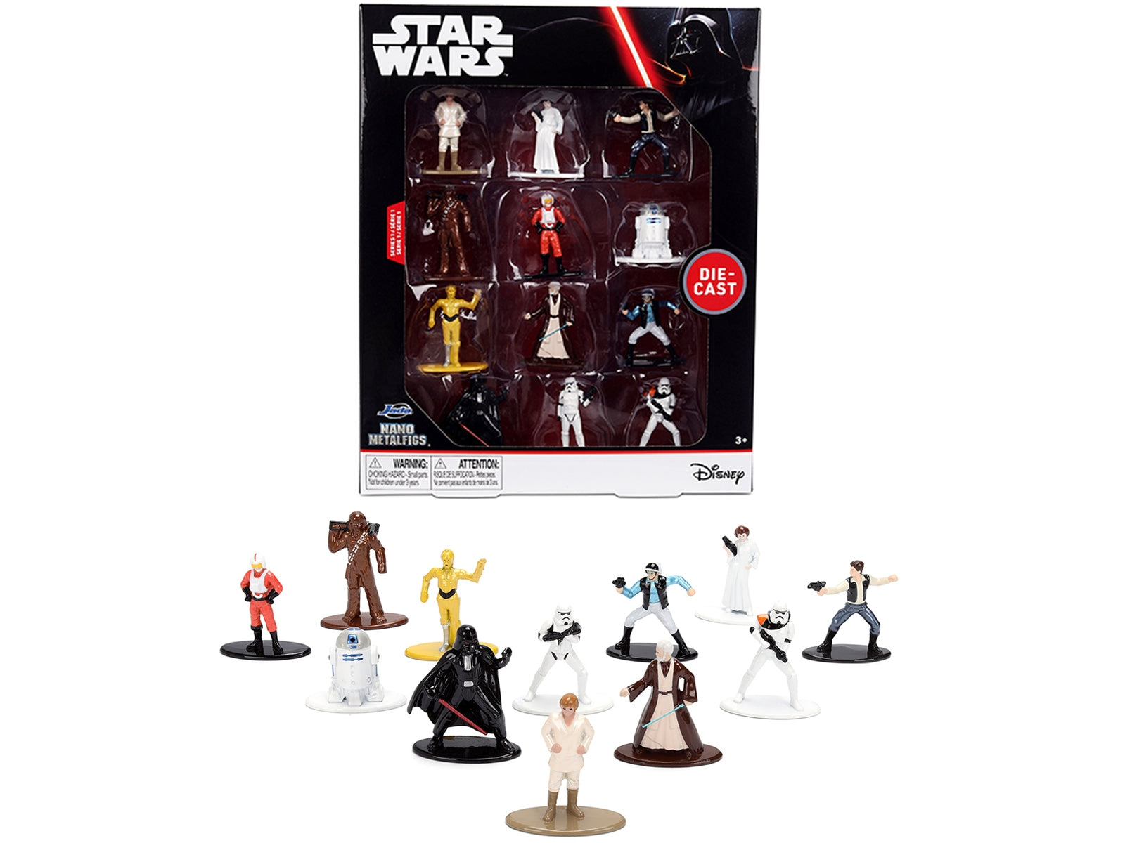 Set of 12 Jada Nano Metalfigs Star Wars diecast figures from the movie franchise, featuring detailed miniature models.
