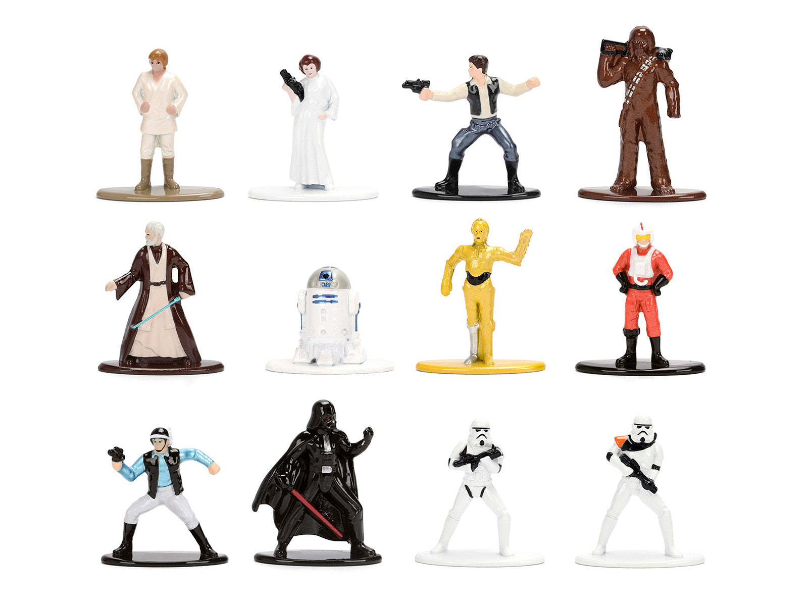 Set of 12 Jada Nano Metalfigs Star Wars diecast figures from the Movie franchise, featuring detailed Star Wars character models.
