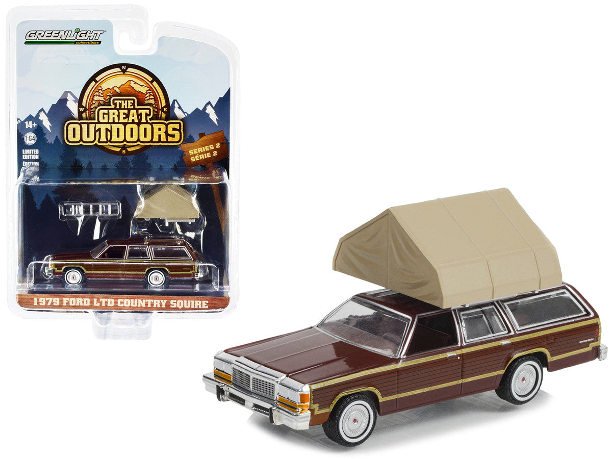 1979 Ford LTD Country Squire Brown with Wood Panels with Camp'otel Cartop Sleeper Tent "The Great Outdoors" Series 2 1/64 Diecast Model Car by Greenlight-0