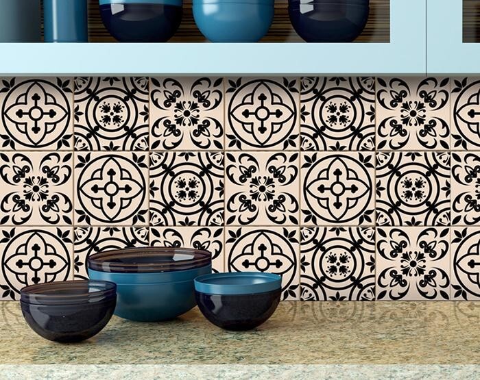 7" X 7" Cream And Black Mosaic Peel And Stick Removable Tiles