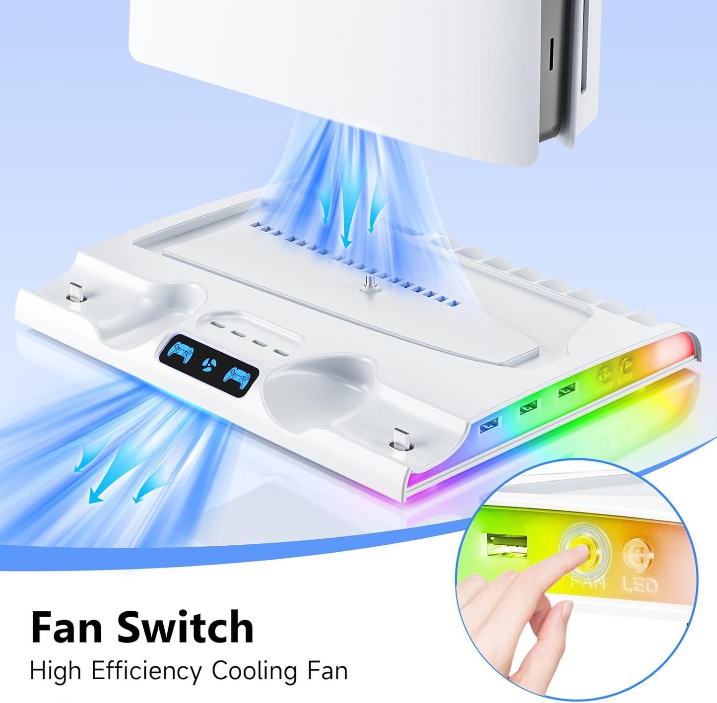 American Smart PS5 Slim dedicated charging dock with cooling fan, disc storage rack, and thin design for PlayStation 5 Slim.