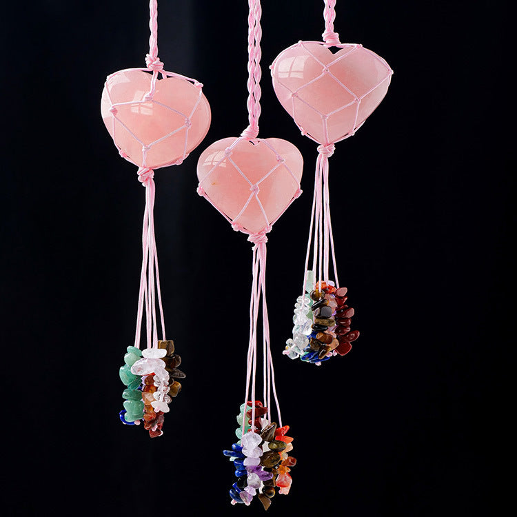 Pink Crystal Love Pendant Pink Crystal Original Stone Heart shaped Peach Heart Colorful Crushed Stone Tassel Pendant