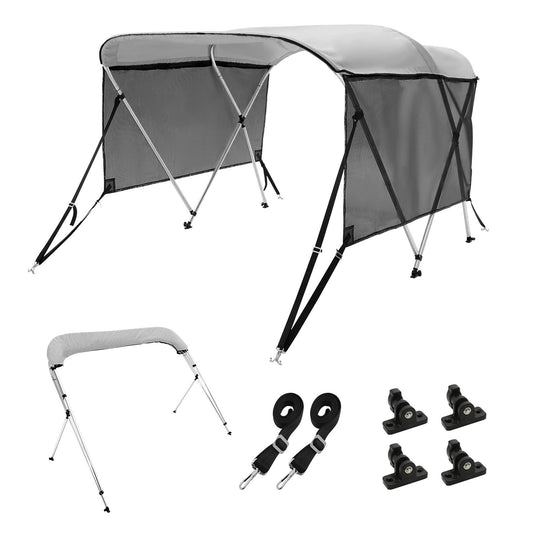 3 Bow Bimini Top Boat Cover, Detachable Mesh Sidewalls, 600D Polyester Canopy with 1" Aluminum Alloy Frame, Includes Storage Boot, 2 Support Poles, 2 Straps, 6'L x 46"H x 61"-66"W, Light Grey
