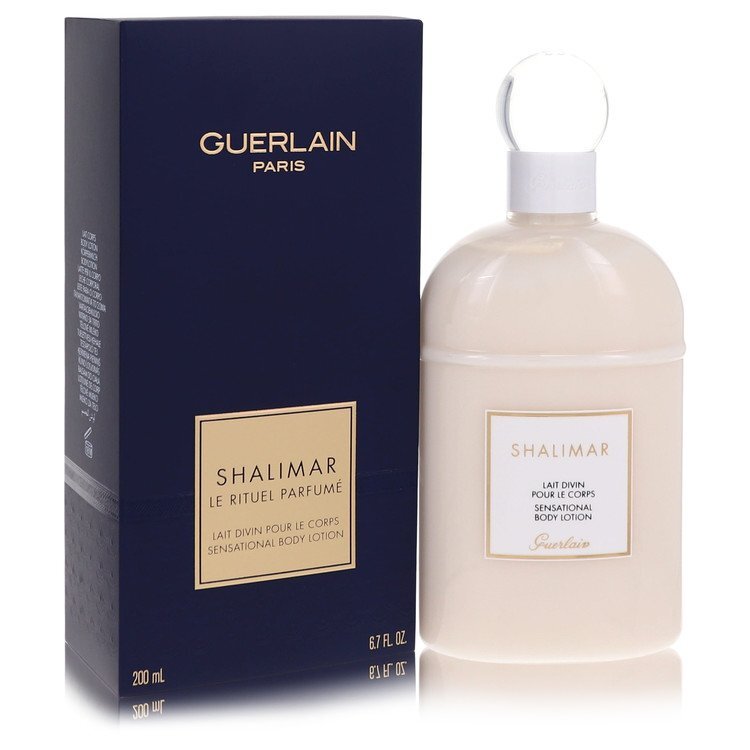 Guerlain Shalimar body lotion in 6.7 oz bottle, featuring luxurious packaging and smooth lotion texture for women.