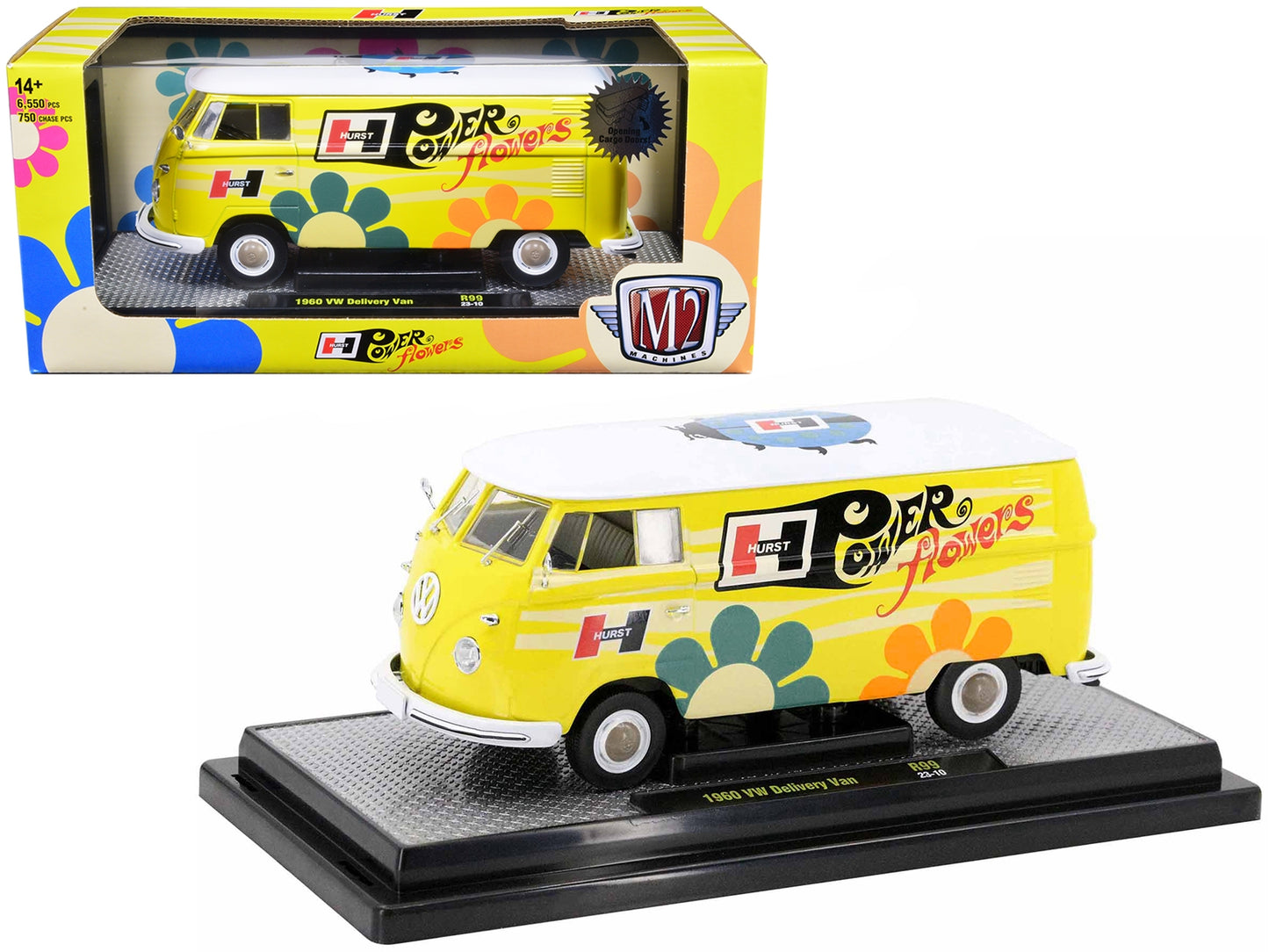 Yellow 1960 Volkswagen delivery van diecast model by M2, with bright white top and colorful flower graphics, limited edition.