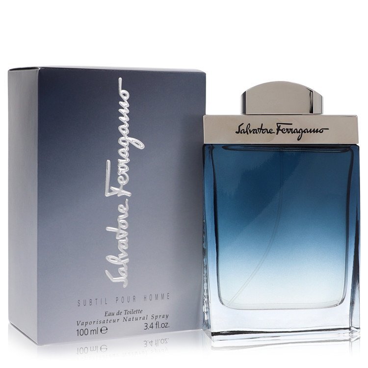 Salvatore Ferragamo Subtil Eau De Toilette spray for men, 3.4 oz bottle with elegant packaging and branding visible.