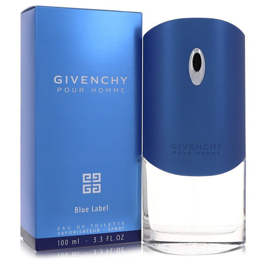 Givenchy Blue Label men's Eau De Toilette spray bottle, 3.3 oz, featuring a sleek blue and silver design.